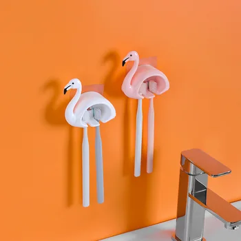 

Flamingo Toothbrush Holder No Trace Wall-mounted Sucker 2 Position Cartoon Moistureproof Suction Hooks Home Bathroom Accessories