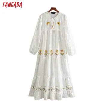 

Tangada women floral embroidery white maxi dress vintage long sleeve bow 2020 females long dresses vestidos CE204