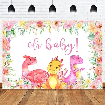 

Safari Newborn Dinosaur Baby Shower Party Backdrop Photography Cartoon Dinosaur Pink Rose Flowers Background for Photo Studio