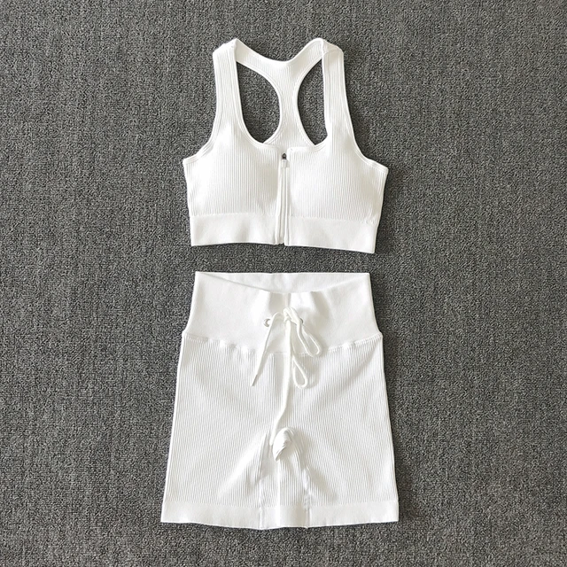 Seamless Women Yoga Set Workout Sportswear Gym Clothing Zipper Long Sleeve High Waist Leggings Fitness Bra Athletic Sports Suits BraShortsWhite