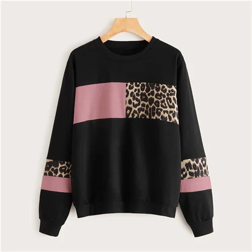 SweatyRocks черный контрастный Леопардовый свитер с круглым вырезом Женские топы осенний пуловер для активного отдыха Повседневный свитер для отдыха - Цвет: Черный