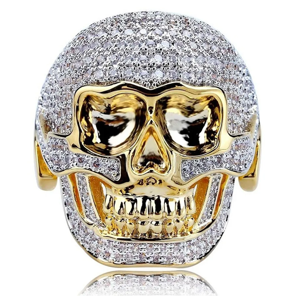 

2019 New Shiny Zircon Skull Signet Rings For Men Hip Hop Punk Gold Male Finger Rings Anel Masculino Jewelry Dropshipping