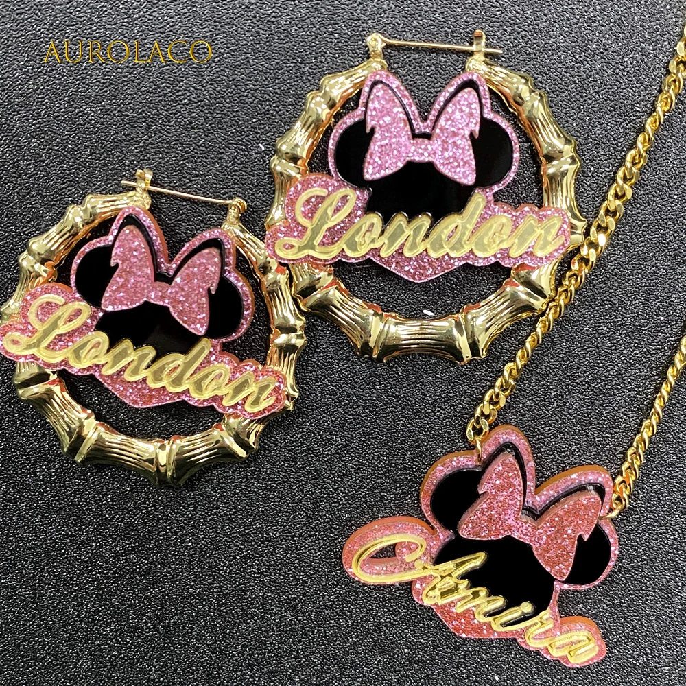 

AurolaCo Fashion Simple Personality Acrylic Mickey Mouse Custom Name Earrings And Mickey Mouse Custom Name Necklace Jewelry