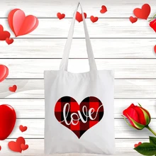 Женская Холщовая Сумка на плечо, на День святого Валентина, в клетку, с рисунком любви, модные сумки для покупок, Студенческая сумка для книг, сумки для девочек