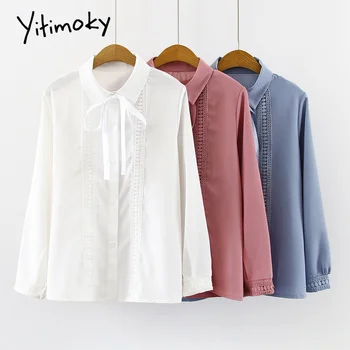 

Bow Tie Lace Up Women Blouses Lace Hollow Out Women Long Sleeve Shirts Chiffon Ladies Tops White Blue School Korean Fashion Tops