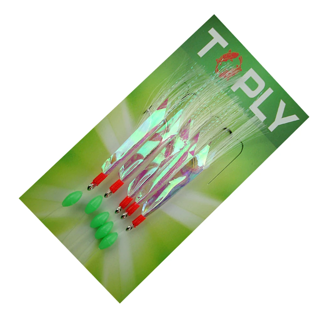 5Pcs Fishing Rigs Barbed Hooks 3/0 High Luminous foil strips Reflective Glow Beads & Lure Baits Multiple Sparkle Tinsel Strands