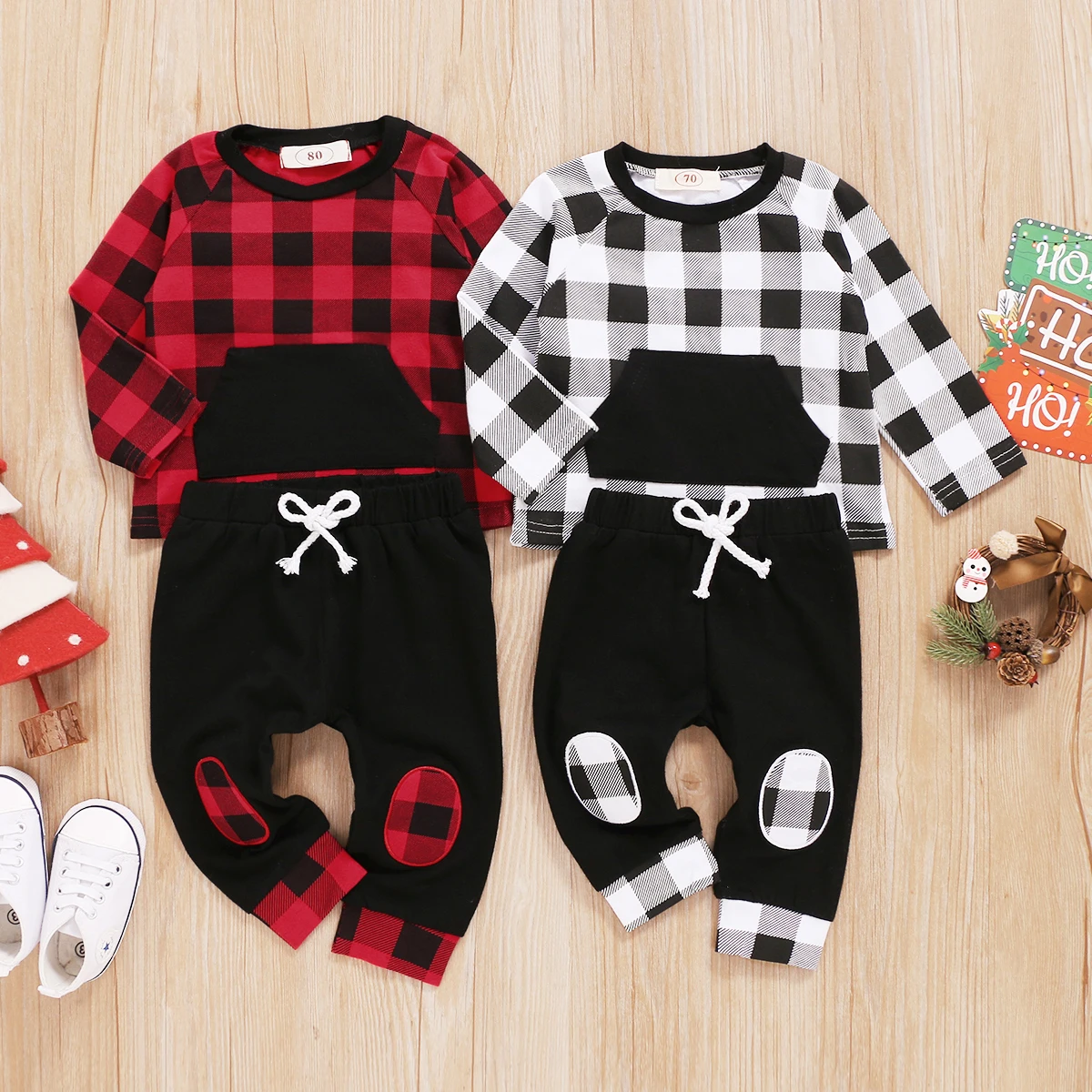 

2-piece Newborn Baby Boy Girl Fashion Outfit Set Long Sleeve Plaid Top and Pants Set for Baby