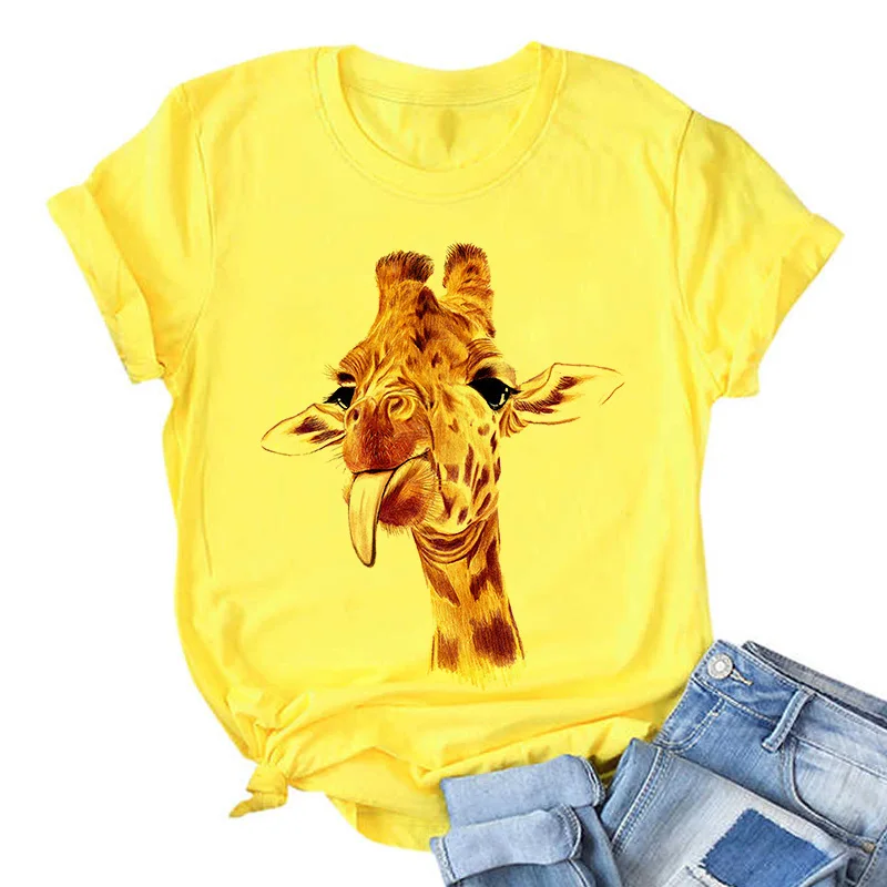 Giraffe Print Pink Woman Tshirts Women's Summer Harajuku Fun Cute Animal Pattern T Shirt Women Tops Casual Short Sleeve T-shirt