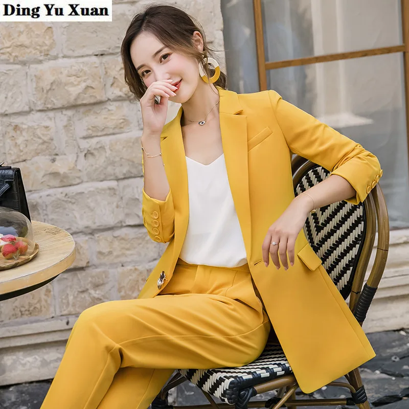 Female Business Interview Yellow Pant Suits for Women Formal Wear Career Trouser Suit Ladies Korean Office 2 Pieces Set Pantsuit