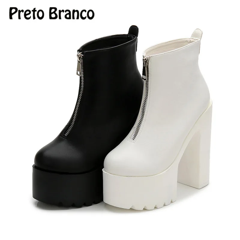 PRETO BRANCO 2019 New 14CM High Heel Boot Pine Cake Water-proof Platform Zipper Shoes Women's Show Thick Martin Boots ZYW | Обувь
