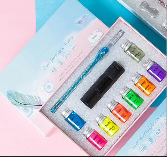 cartoline Set di penne a immersione in vetro e inchiostro con inchiostro e supporto per biglietti di auguri scrittura iLink per arte fiore blu firme regalo penna per immersione