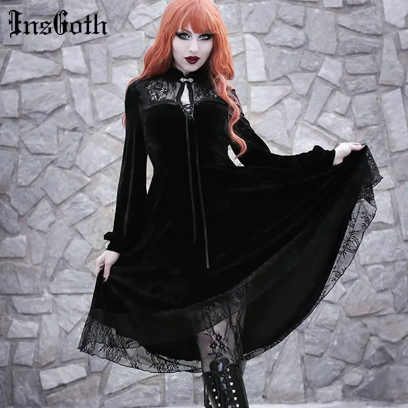 

InsGoth Vintage Lace Velvet Black Dress Gothic Sexy Hollow Out High Waist Dress Women Autumn Elegant Party Club Bandage Dress