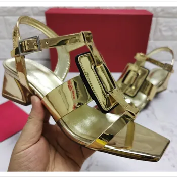 

2020 new 4.5cm women low heel top quality sandal with classics brand wedding shoes real leather women shoes party shoes 35-43