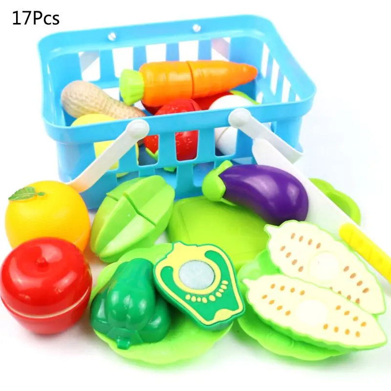 

17Pcs/Set Baby Kitchen Toys Pretend Play Cutting Fruit Vegetable Plastic Drink Food House Cart Basket Set for Children Gifts