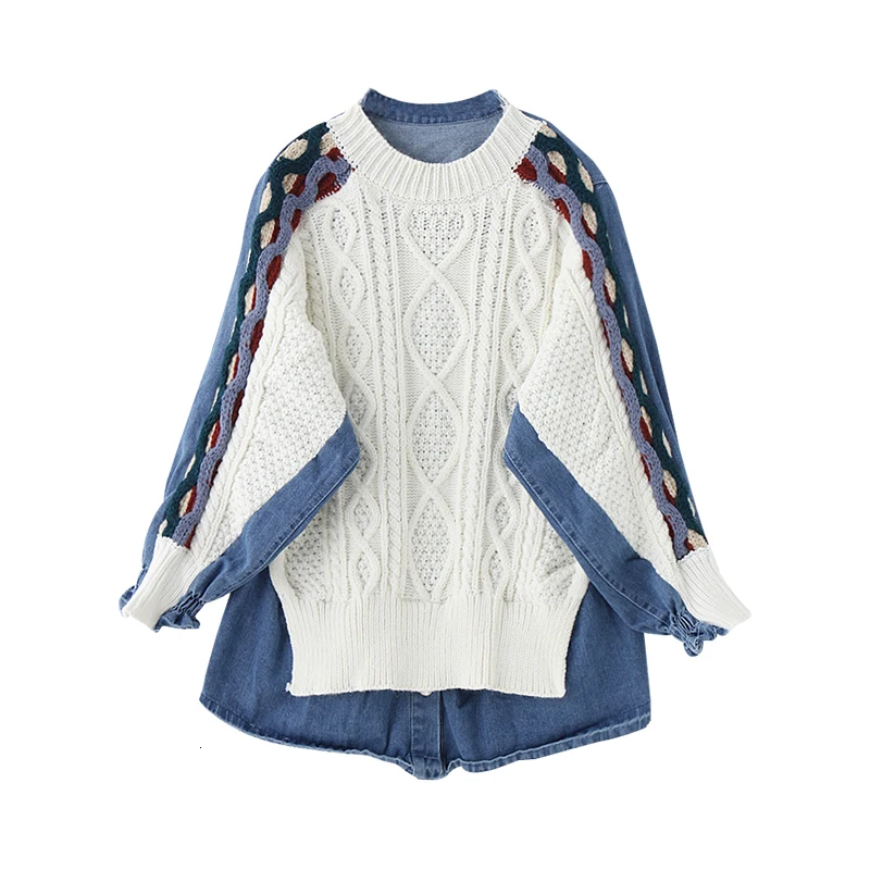 

2020 LANMREM new spring patchwork Sweater Split Joint denim Split Joint Knitting Pullover batwing sleeves WK09205L