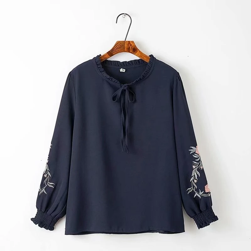 

Plus Size Fashion Vrouwen Blouse Casual Lange Mouwen Bloemen Borduren Shirts