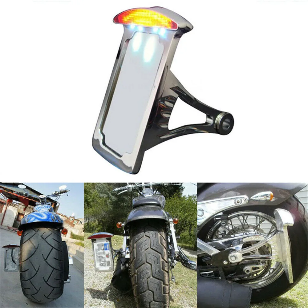 

Motorcycle Side Mount Bracket Vertical License Plate LED Tail Brake Stop Light For Harley Customs Choppers Universal