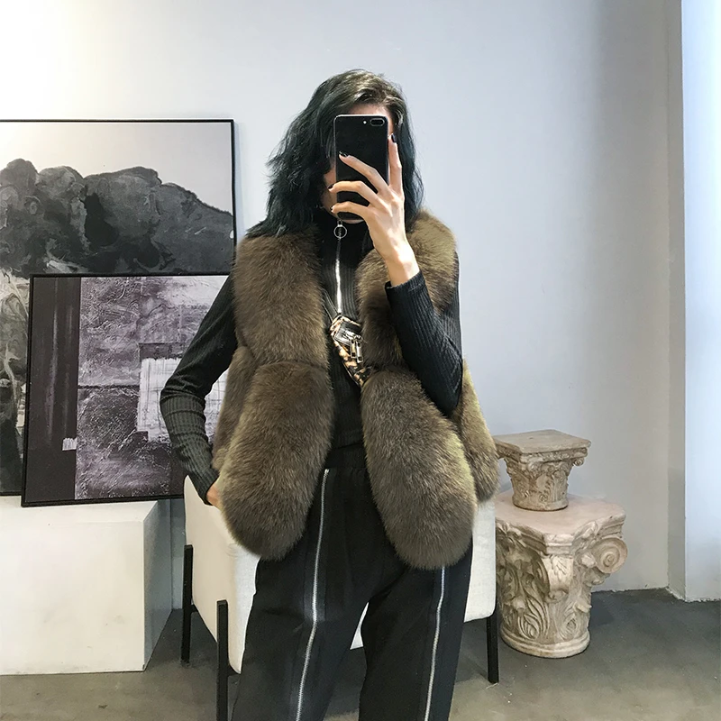 ZDFURS* Natural Real Fox Fur Vest 50 cm Winter Short Thick Women Fur Vest Sleeveles Jacket Pockets Real Fur Vest Coats Slim Park - Цвет: army green