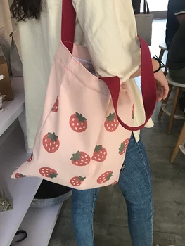 

Strawberry Japanese student canvas bag large capacity shopping bag ins cute shoulder canvas bag female reusable foldable