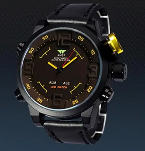 yellow black leather Брендовые кварцевые часы AMST для мужчин, повседневные Простые спортивные часы, уличные военные армейские часы с кожаным ремешком, водонепроницаемые часы 3006-2 - Цвет: yellow black leather