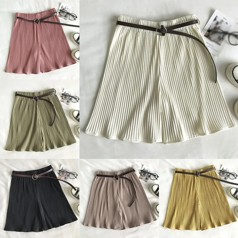 

Fashion Women's Wide Leg Shorts Women High Elastic Waist Solid Color Casual Loose Thin Pleated Shorts With Belt
