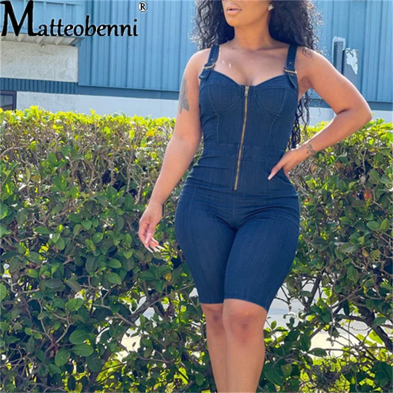 

Комбинезон женский из денима, модный слитный боди на бретелях-спагетти с регулируемой высотой, ромпер с открытой спиной на молнии, лето