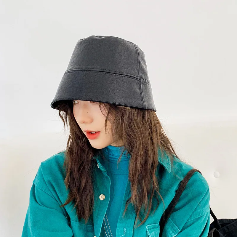 

PU Leather Bucket Hat Women Men Outdoor Sunscreen Unisex Winter Foldable Fishing Hunting Cap Men Chapeau Sun Prevent Hats