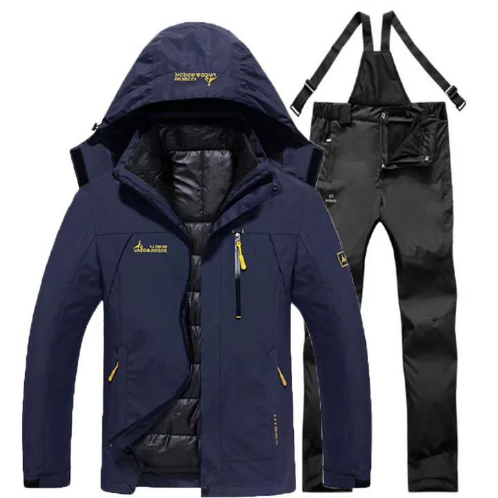 Navy Black Suit Более размера d мужские зимние водонепроницаемые треккинговые походные лагеря лыжные ползунки теплые хлопковые уличные куртки больших размеров брюки костюм съемный - Цвет: Navy Black Suit