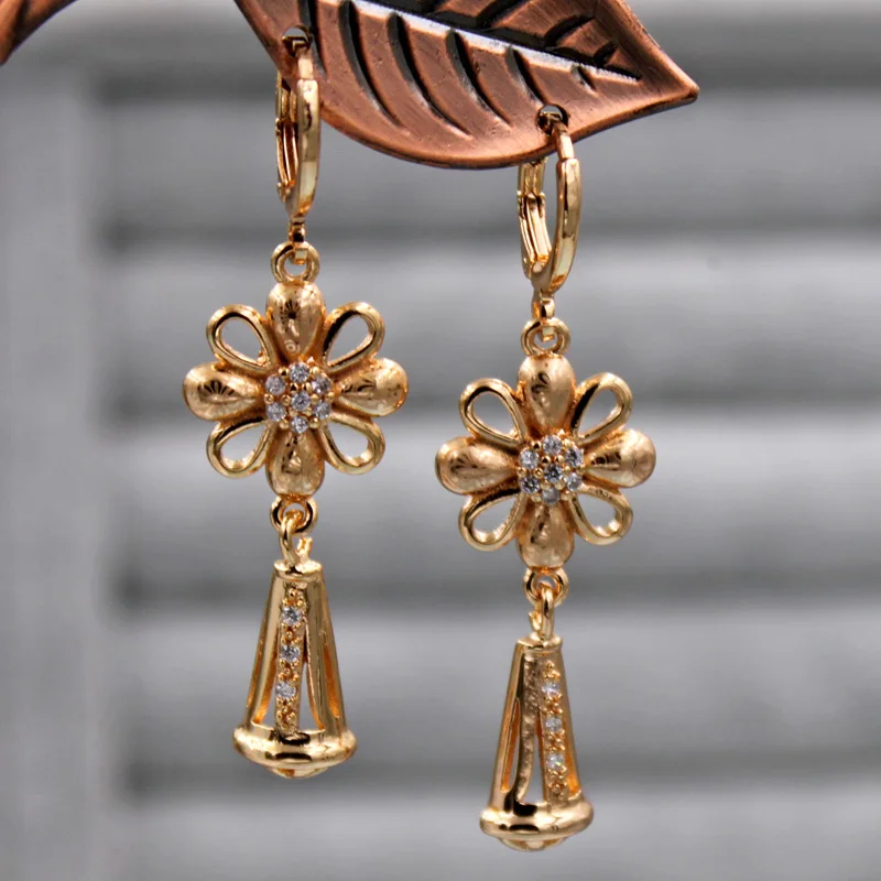 Dangle Drop flower Earrings for Women's earrings Gold Color white round zircon Jewelry Luxury accessorie Wedding | Украшения и