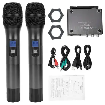 

Metal Wireless Handheld Microphone Set with Two Dynamic UHF Mic with Battery for Family Party Stage Micophone