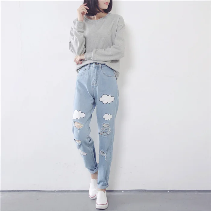 Autumn Clothing New Style Korean-style Washing with Holes Printed Jeans High-waisted Slimming Harem Pants Women's Net Price
