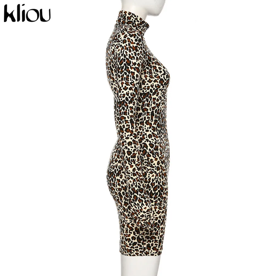 Kliou осеннее сексуальное леопардовое хлопковое облегающее мини-платье с длинным рукавом и перчатками для женщин элегантное платье для рождественской вечеринки