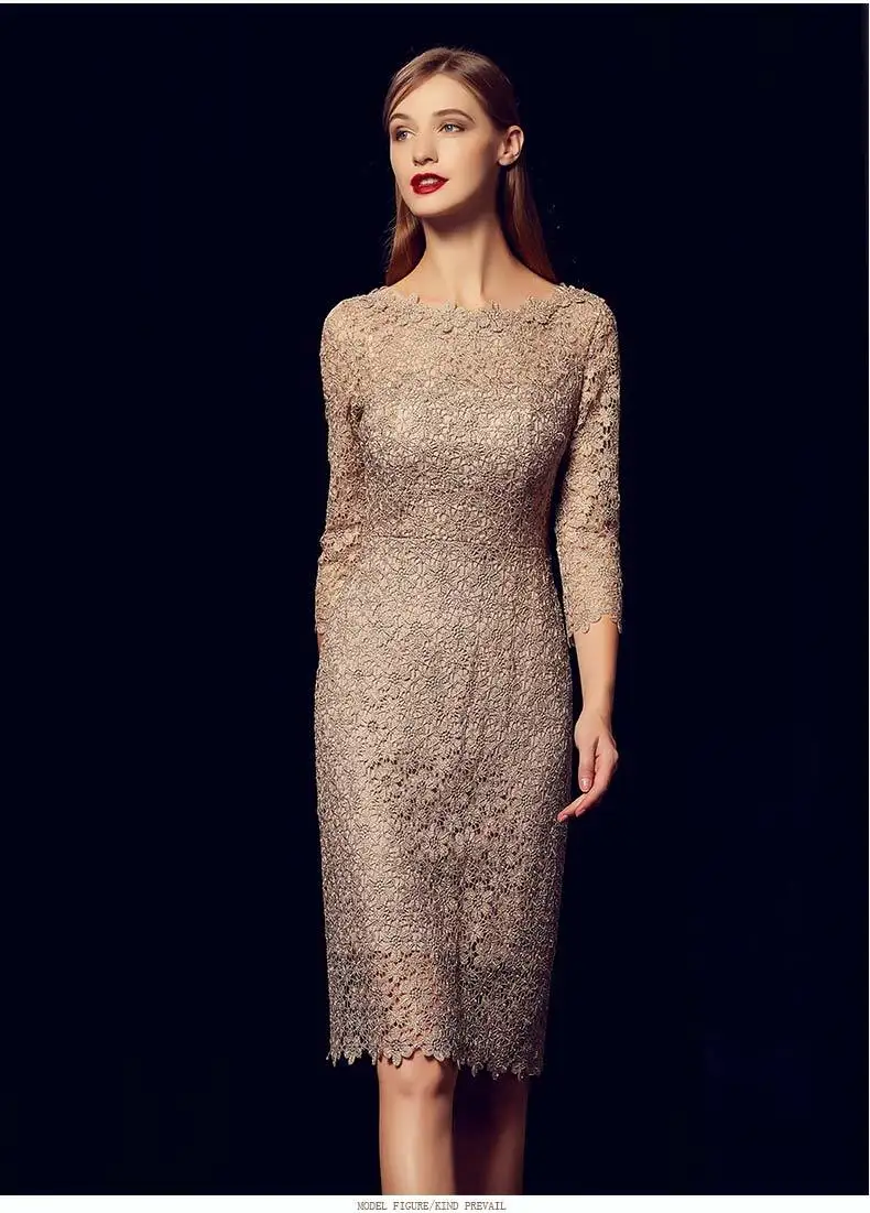 BacklakeGirls Vintage Scopp Neck Lace Mother Of The Bride Dress Three Quarter Sleeves Zipper Back Cut Out Mom Dresses