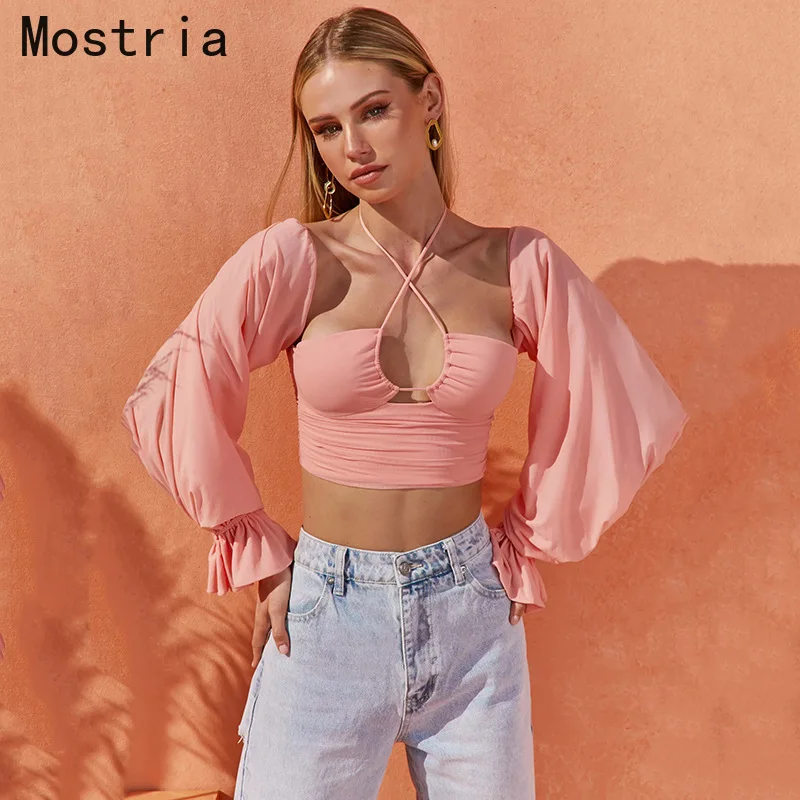 Ladies Tops 2021 Summer New Women Fashion Sexy Lantern Sleeves Halter T-shirt crop top | Женская одежда