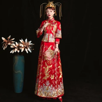 

Vintage Chinese Style Wedding Dress Retro Toast Clothing Bride Cheongsam Lady Embroidery Phoenix Gown Marriage Qipao Red Clothes