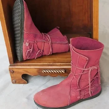 

Women Leather PU Boots Lace Up Flat with Platform Ladies Shoes Autumn Winter Vintage Western Mid Calf Boots Zapatos Mujer