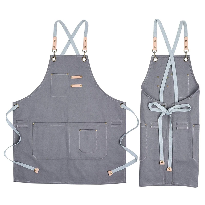 Cotton Apron Men and Women, Chef Grill Studio Apron with Adjustable Table Apron Coffee Hairdresser Tooling Apron Gray