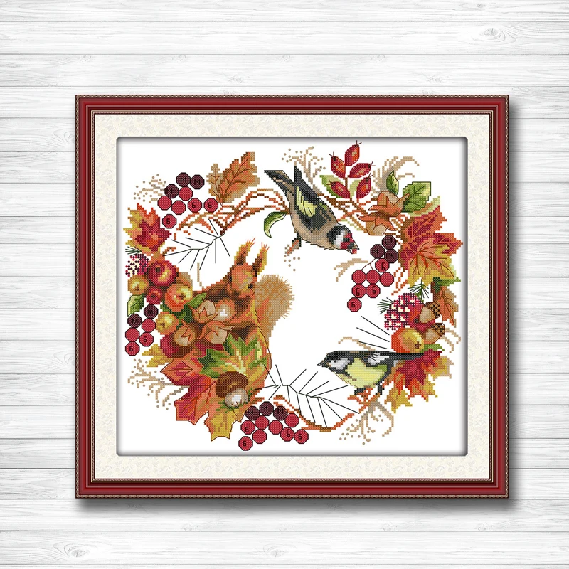 

Joy wreath animal birds Squirrel fruit painting 11CT Counted Print on canvas DMC 14CT Cross Stitch Needlework Kit Embroidery Set