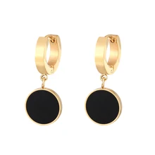 Горячие круглые Висячие черные эмалированные круглые серьги-кольца для женщин, ювелирные изделия из нержавеющей стали с золотым покрытием, вечерние серьги