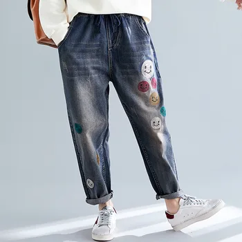 

Johnature New Causal Denim Pants 2020 Spring Korean Embroidery Print Elastic Waist Loose Jeans Women Ankle-length Pants