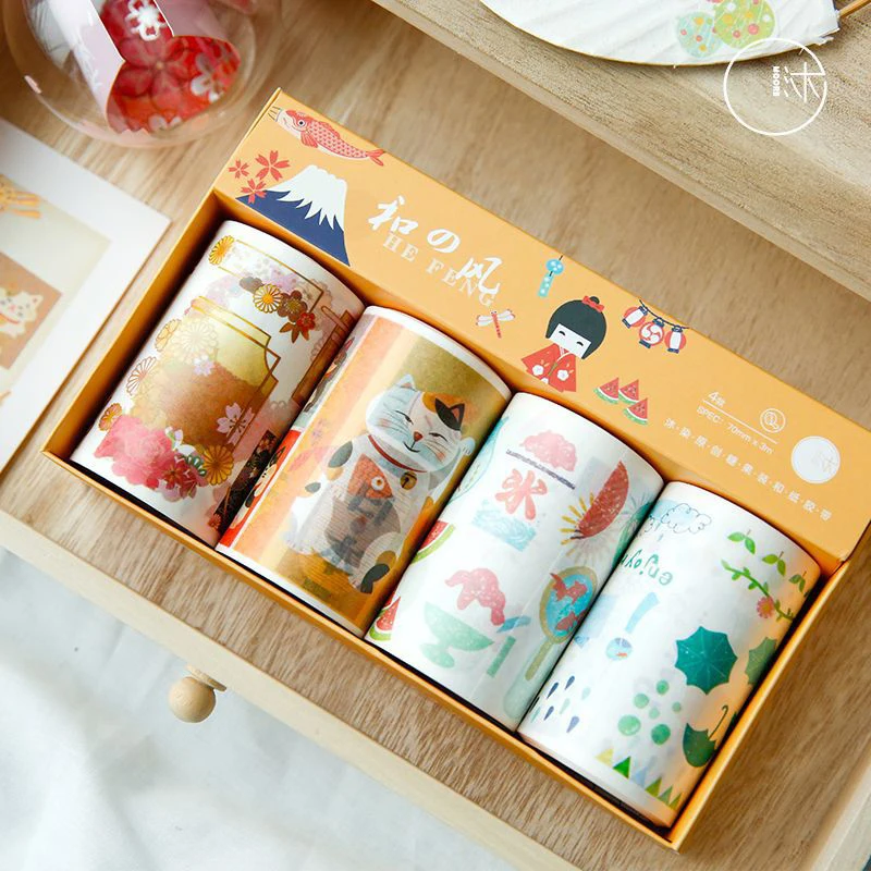 

4Pcs Japanese Cartoon Cat Fish Washi Masking Tape Scrapbooking Kawaii DIY Diary Journal Decorative Adhesive Paper Tape Supplies