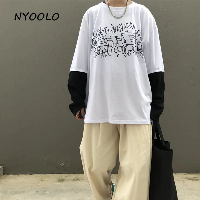 NYOOLO Harajuku дизайн пламя буквенный принт Поддельные 2 шт. Лоскутная футболка осень уличная одежда с длинным рукавом Футболка для женщин и мужчин Топ