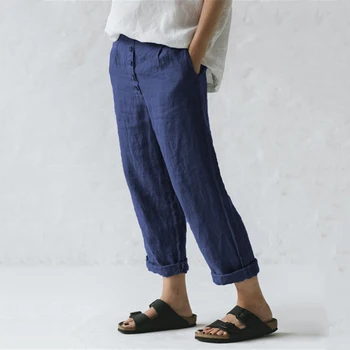 

Wixra Women Spring Autumn Cotton Linen Pants Loose Casual Long Pants Button High Waist Solid Trousers Plus Size
