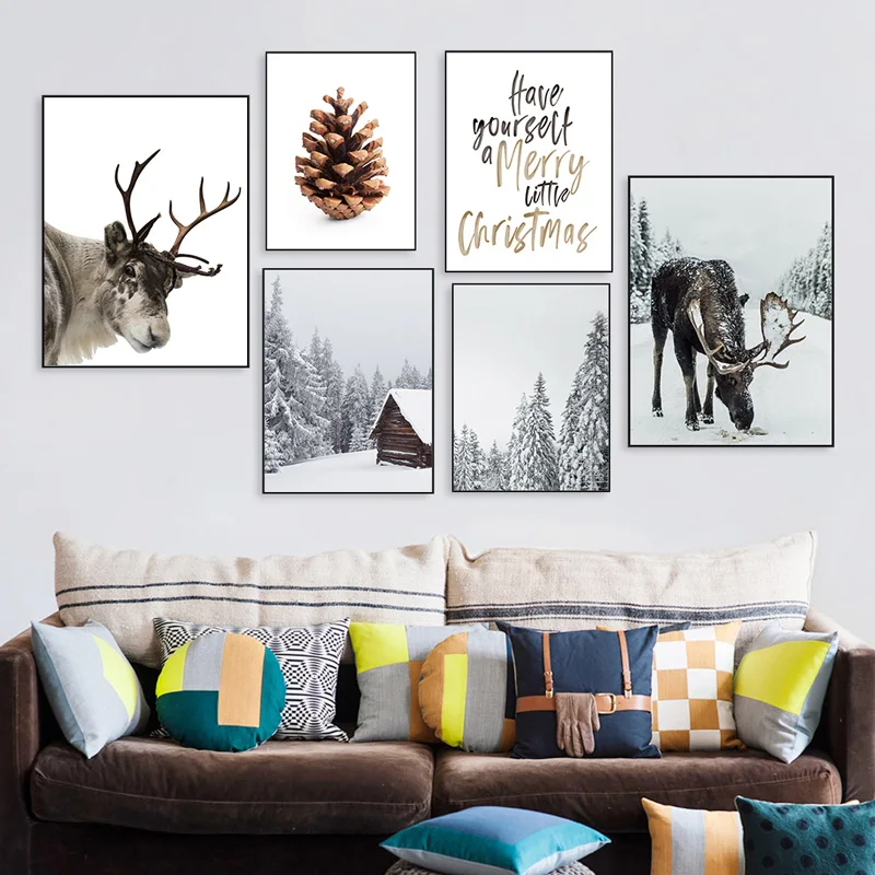 Scandinavian-Poster-Winter-Forest-Moose-Christmas-Pinecone-Nordic-Style-Wall-Art-Canvas-Painting-Decoration-Picture-Living