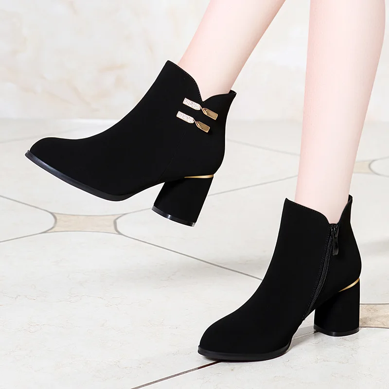 

Lycra Kington Side Zipper Short Semi-high Heeled Boots WOMEN'S Ankle Boots 2019 Autumn And Winter New Style High-Heel Martin Boo
