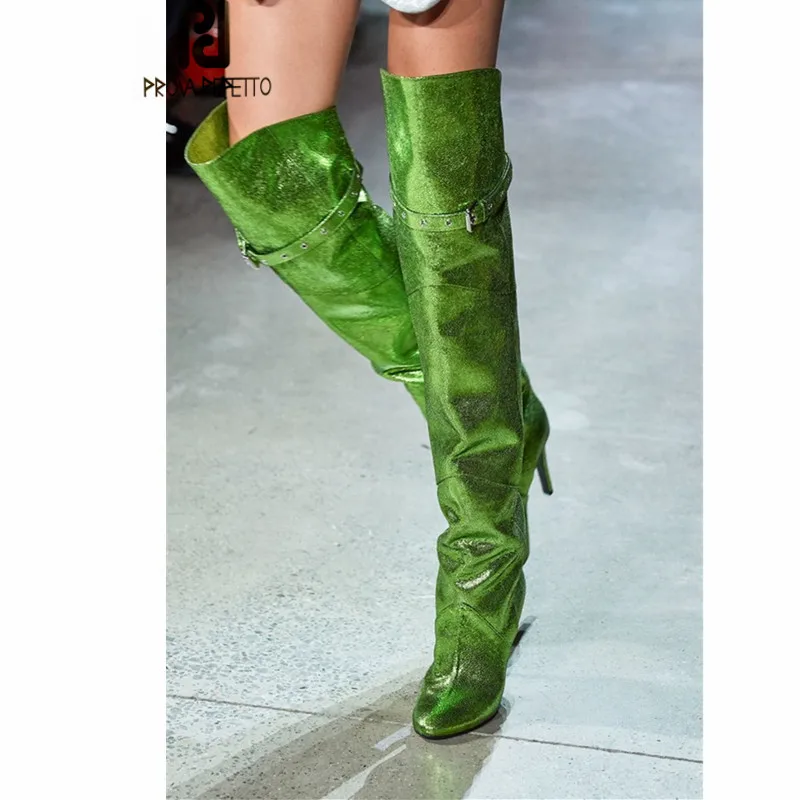 Prova Perfetto с острым носком на высоком каблуке из натуральной кожи Botas Feminina зимние женские сапоги выше колена на платформе с пряжкой bottes femme