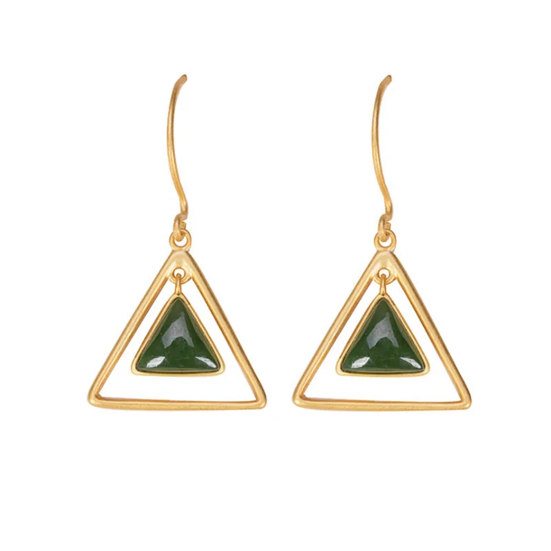 Uglyless Triangle in Triangle Embedded Gemstones Earrings for Women Natural Agate Green Jade Earrings 925 Silver Brincos E1360