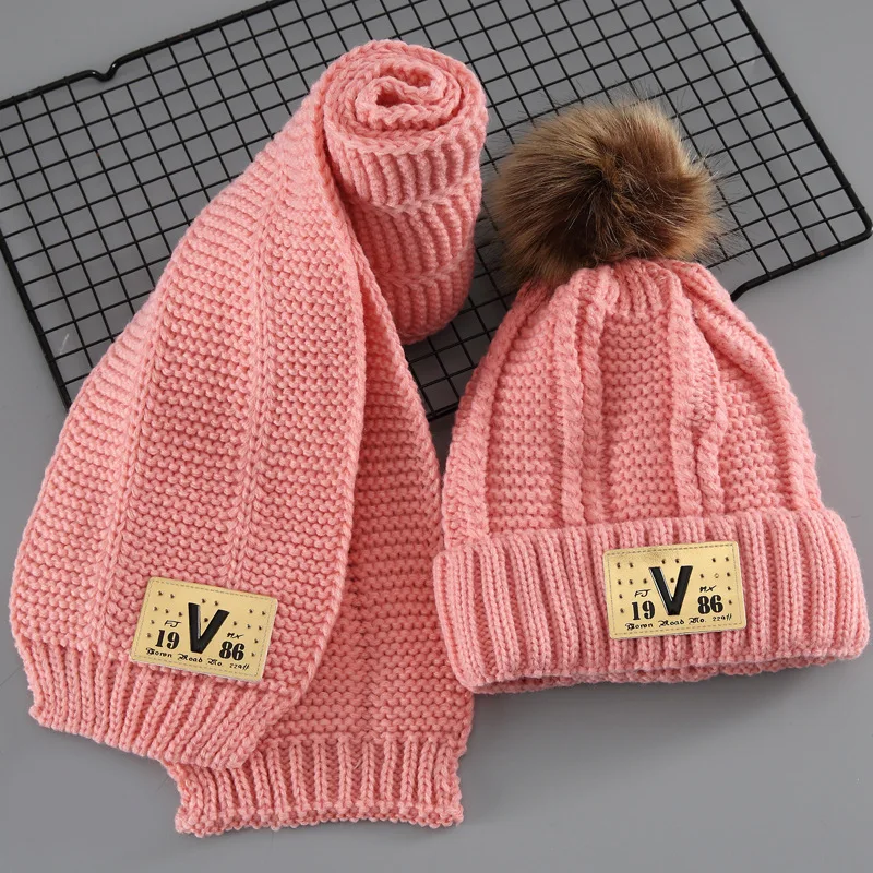 

3-10 Years 2pcs Solid Color Cable Knitted V Patch Scarf Hat Set Kids Pom Pom Hat and Scarf Girls Wool Scarf Hat