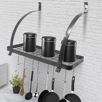 

Wall Mounted Metal Hanging Pan Pot Rack For Kitchen Cookware Utensils Pans Tableware Kitchen Storage Holder Shelf with 10 Hooks