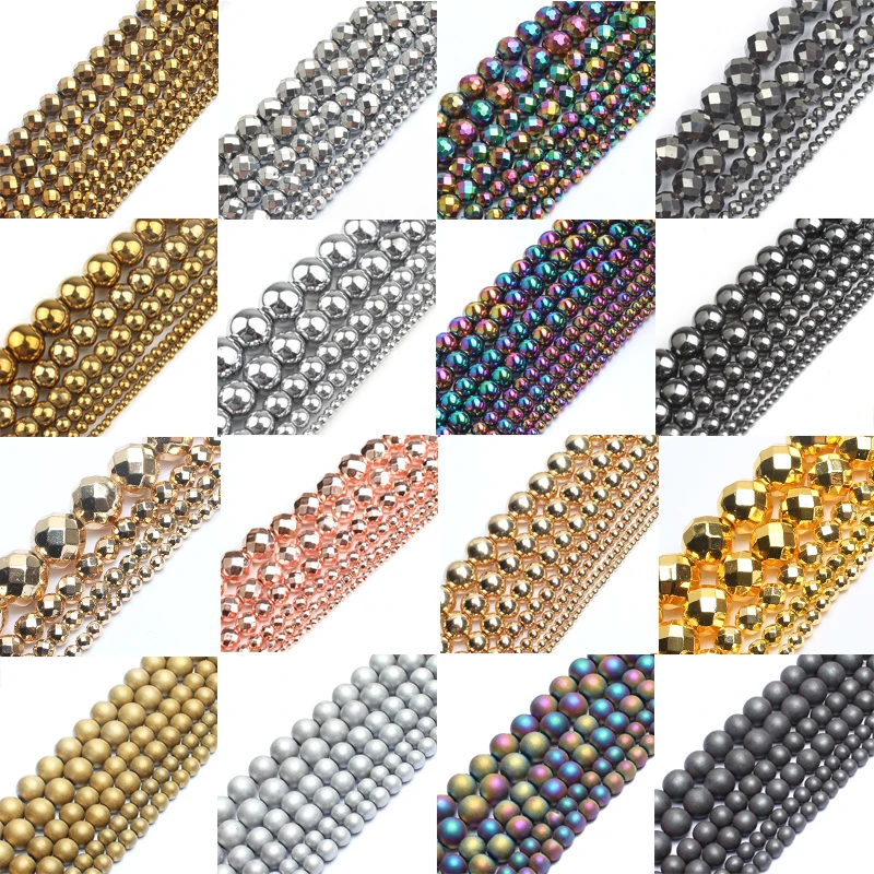 Natural Stone Hematite Round Beads in Gold & Silver Tones for Jewelry Making - 15'' Strand